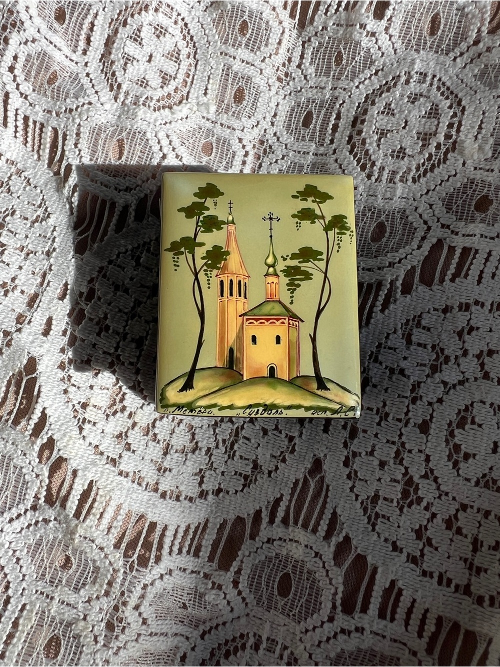 Vintage Russian Hand-Painted Mini Trinket Box with Church Motif